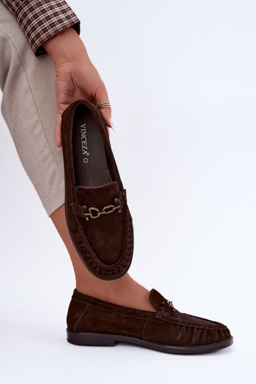 suède mocassins met ruffles en decoratie Vinceza 31718 in chocoladekleur