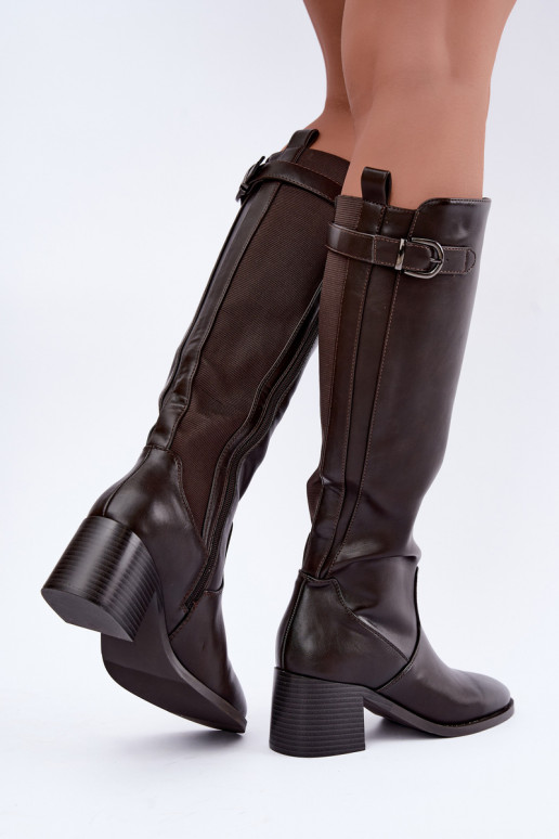 gefütterte lange Stiefel mit Absatz und Schnallen in Schokoladenfarbe Lestine