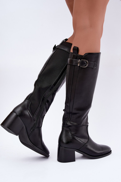 gefütterte lange Stiefel mit Absatz und Schnallen in schwarzer Farbe Lestine