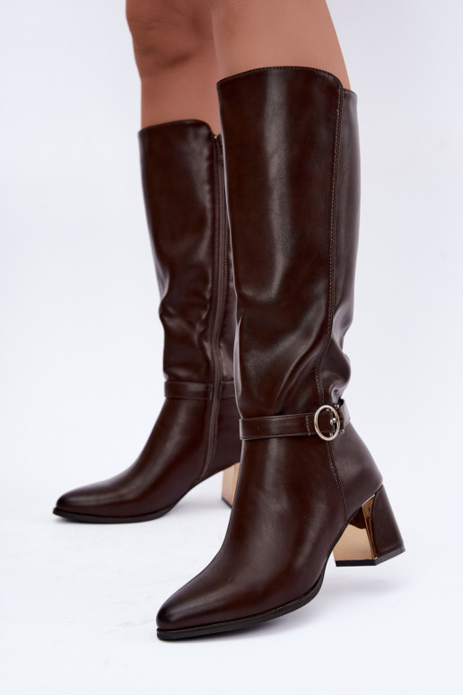 bottes longues doublées avec talons et talons décorés en couleur chocolat Senvia