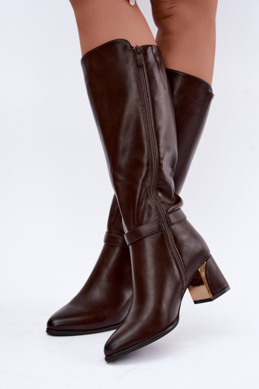 bottes longues doublées avec talons et talons décorés en couleur chocolat Senvia