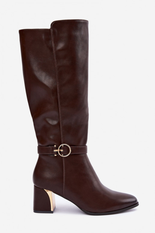 bottes longues doublées avec talons et talons décorés en couleur chocolat Senvia