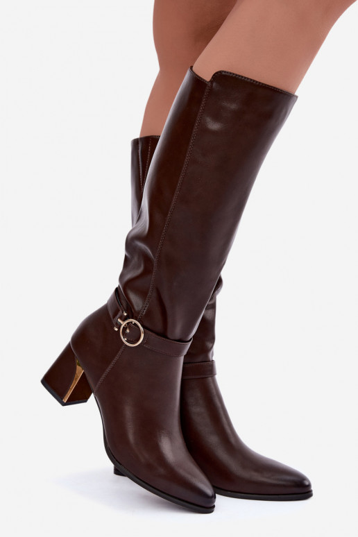 bottes longues doublées avec talons et talons décorés en couleur chocolat Senvia