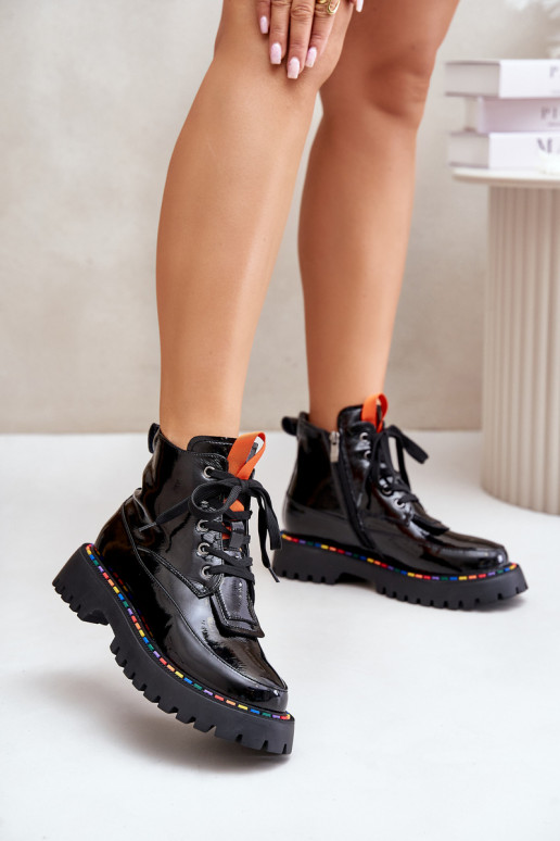 Leren werkankle boots met lak effect zwart Anafra