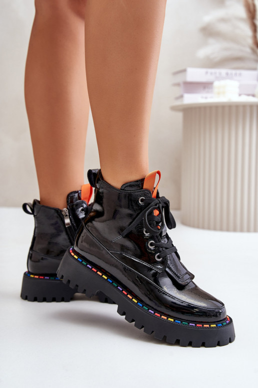 Bottines de travail en cuir avec effet verni noires Anafra