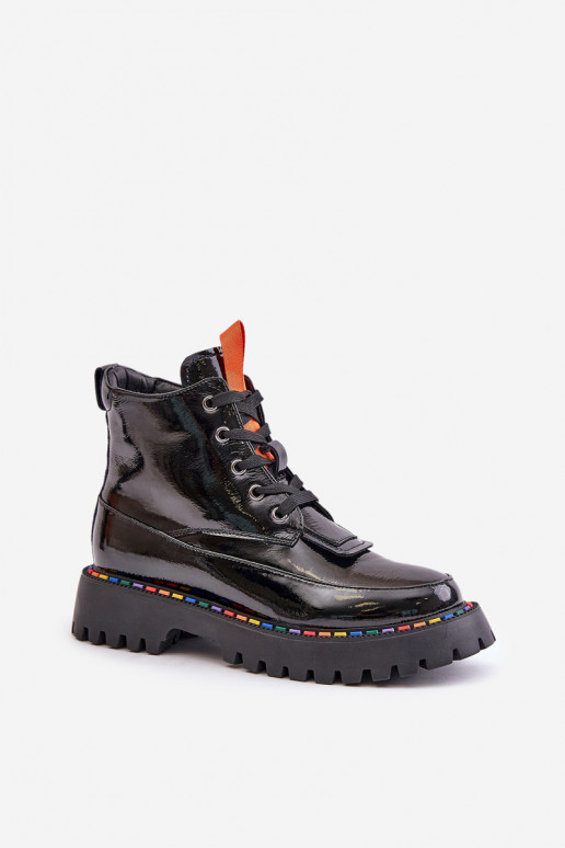Bottines de travail en cuir avec effet verni noires Anafra