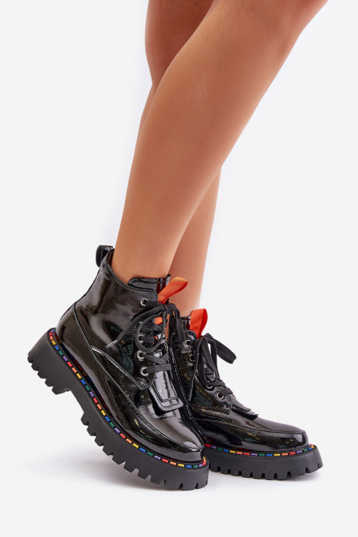 Leren werkankle boots met lak effect zwart Anafra