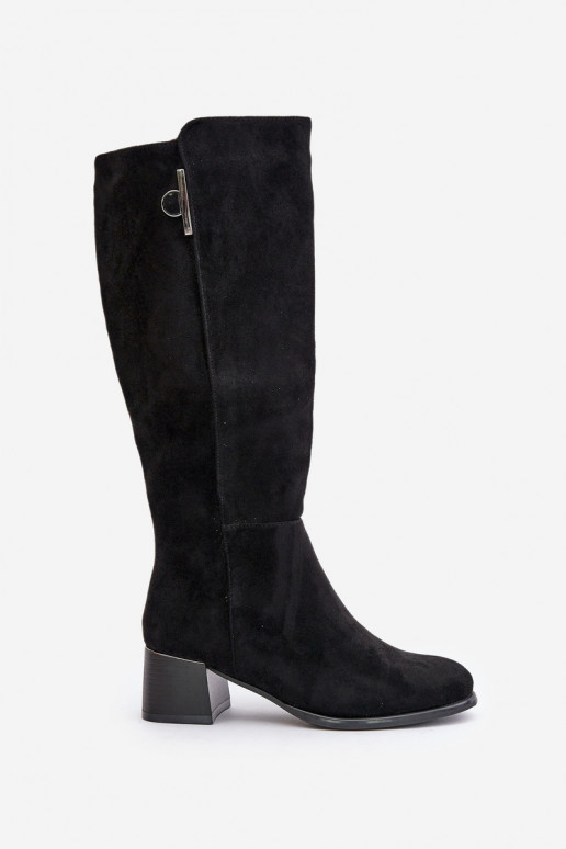 Kniehohe Stiefel mit Absatz aus Kunstveloursleder schwarz Izanae