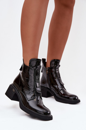 Leder Damen Stiefeletten mit geprägtem Detail schwarz Lorenza 2