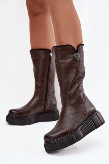 Bottes en cuir pour femmes avec laine Zazoo 70121 chocolat