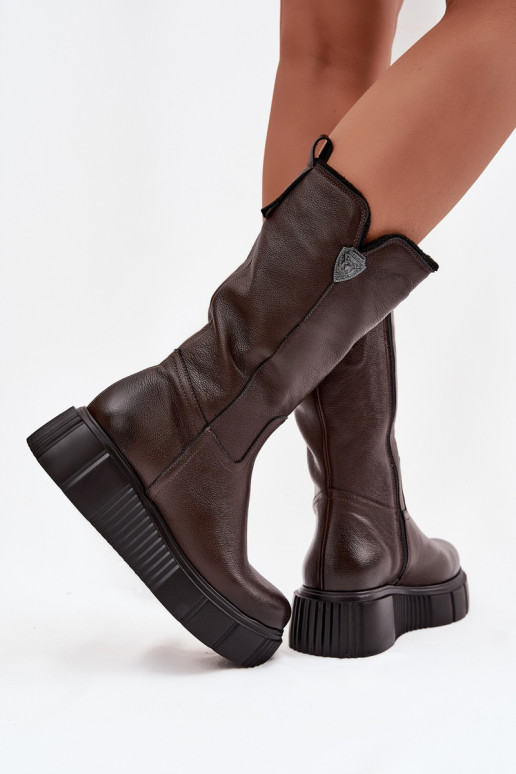 Bottes en cuir pour femmes avec laine Zazoo 70121 chocolat