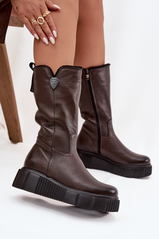 Bottes en cuir pour femmes avec laine Zazoo 70121 chocolat