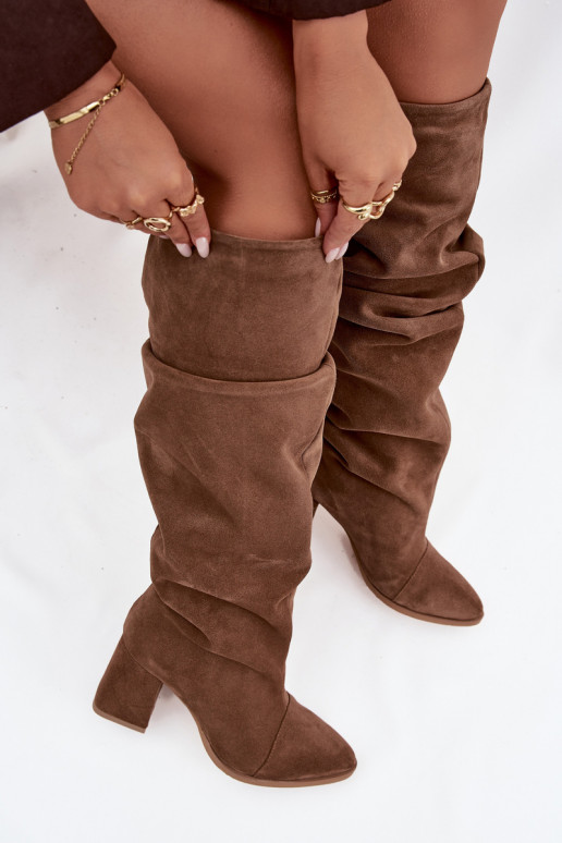 Bruine laarzen van faux suede met hakken Zazoo 4228