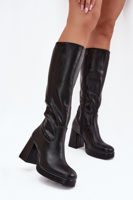 Schwarze Damen-Überknie-Stiefel mit Blockabsatz Selvia