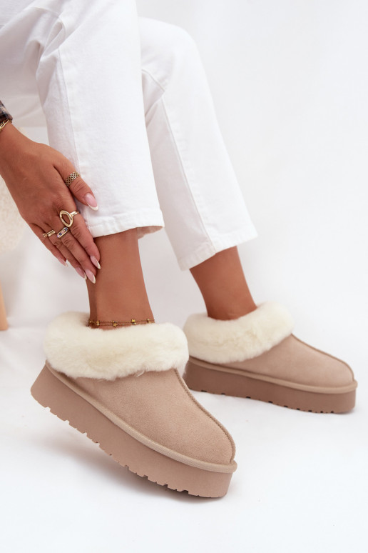 Sandfarbene Damen-Schneestiefel aus Kunstveloursleder mit Fell Mivelle