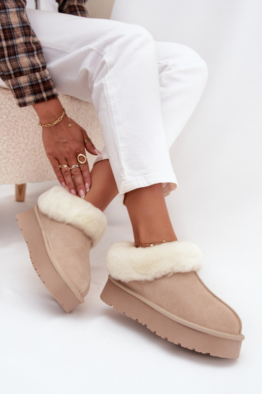 Sandfarbene Damen-Schneestiefel aus Kunstveloursleder mit Fell Mivelle
