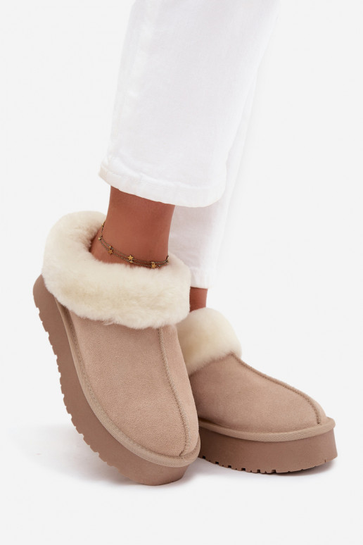 Sandfarbene Damen-Schneestiefel aus Kunstveloursleder mit Fell Mivelle