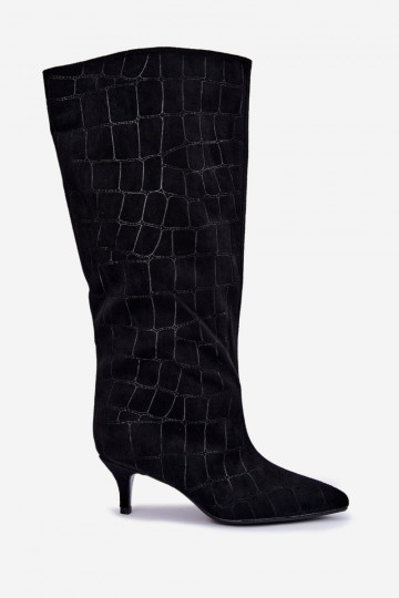 Schwarze Überknie-Stiefel zum Hineinschlüpfen mit geprägten Details und Absätzen Cazelle 2