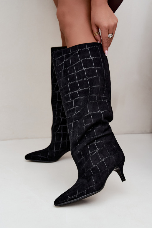 Bottes noires à enfiler au-dessus du genou avec détails embossés et talons Cazelle