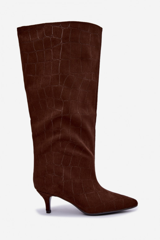Braune Überknie-Stiefel zum Hineinschlüpfen mit geprägten Details und Absätzen Cazelle