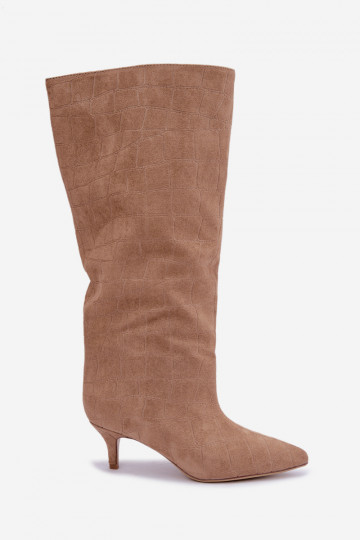 Sandfarbene Überknie-Stiefel zum Hineinschlüpfen mit geprägten Details und Absätzen Cazelle 2
