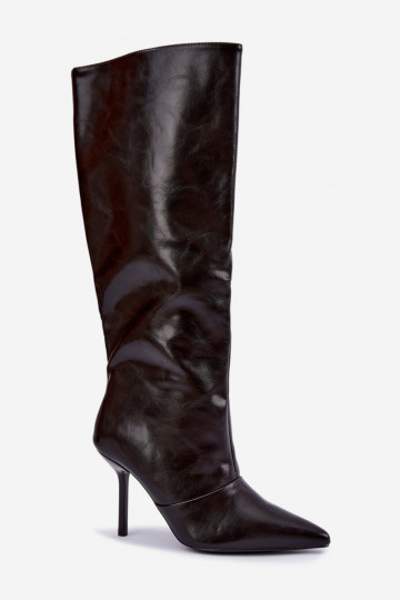 Warme Überknie-Stiefel mit dünnen Absätzen in Schokoladenfarbe Fenoria