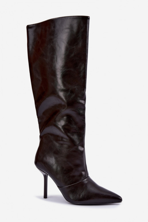 Warme Überknie-Stiefel mit dünnen Absätzen in Schokoladenfarbe Fenoria