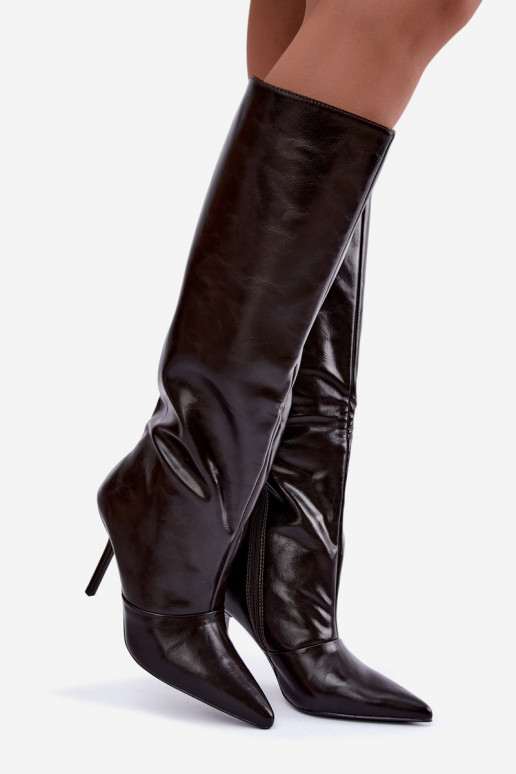 Bottes chaudes au-dessus du genou avec talons fins couleur chocolat Fenoria