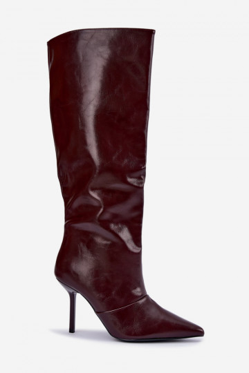 Warme Überknie-Stiefel mit dünnen Absätzen in Bordeauxfarbe Fenoria