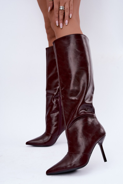 Bottes chaudes au-dessus du genou avec talons fins couleur bordeaux Fenoria