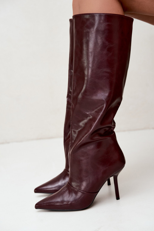 Bottes chaudes au-dessus du genou avec talons fins couleur bordeaux Fenoria
