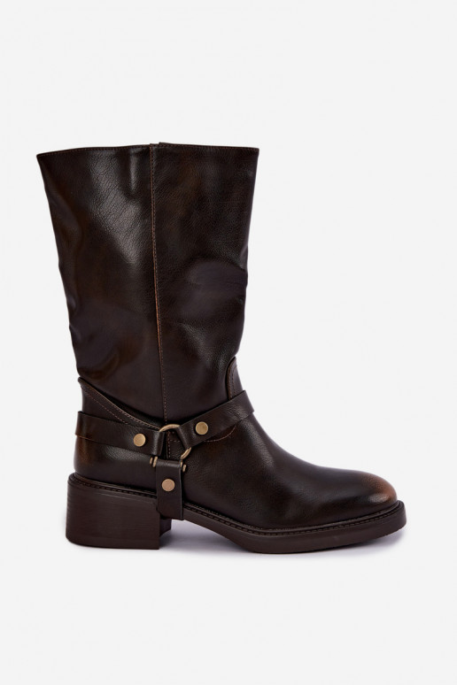 Warme enkellaarsjes met decoratieve riemen in chocoladekleur Galdine