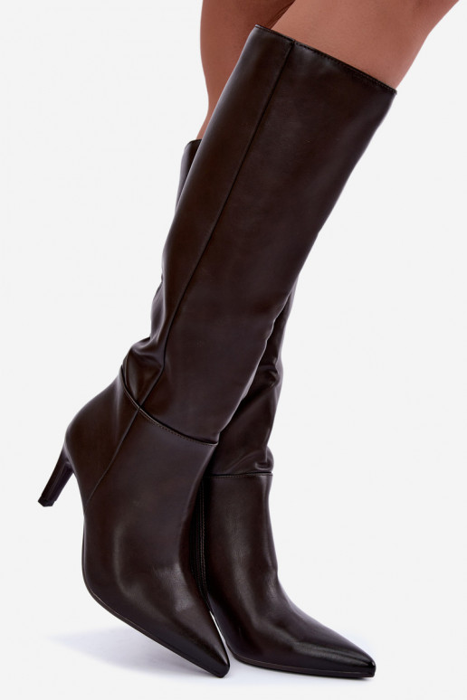 Bottes chaudes jusqu'au genou avec volants et talons en chocolat Rodeline