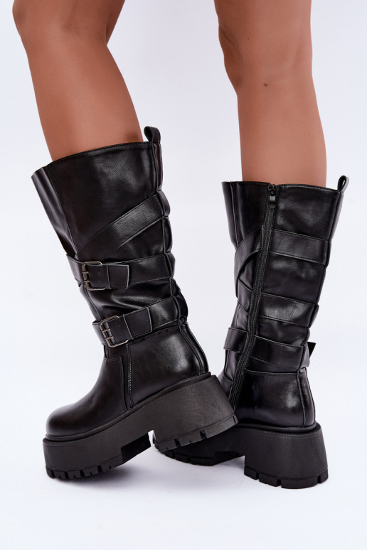 Hohe Stiefel mit Plattform und Riemen in Schwarz Delsenne