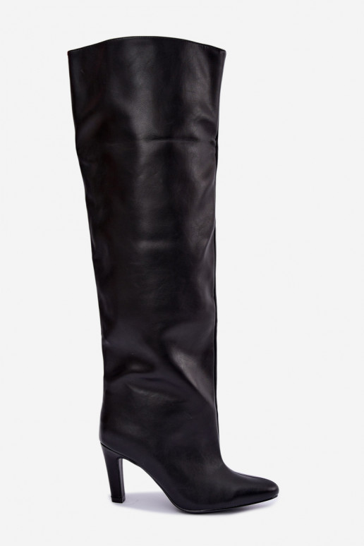 Slip-On Damen Stiefel mit spitzen Absätzen über dem Knie in Schwarz Emorine