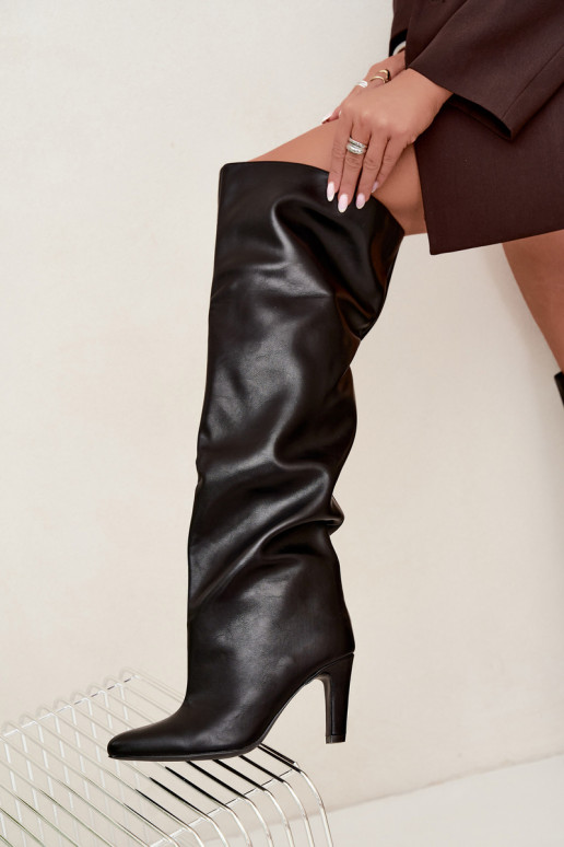 Bottes hautes à enfiler pour femmes avec talons pointus au-dessus du genou en noir Emorine