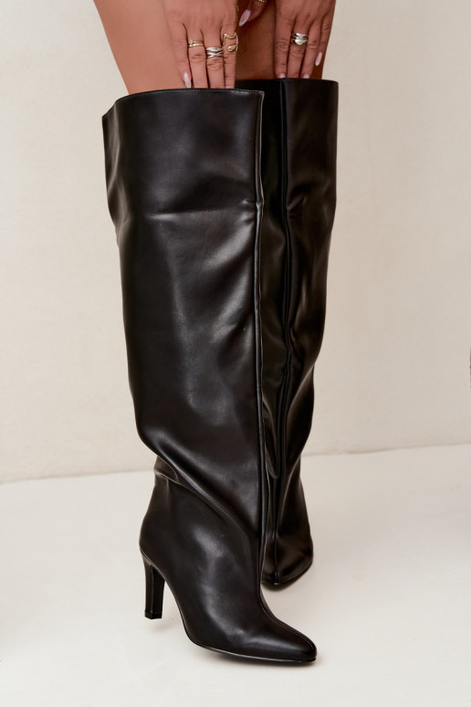 Bottes hautes à enfiler pour femmes avec talons pointus au-dessus du genou en noir Emorine