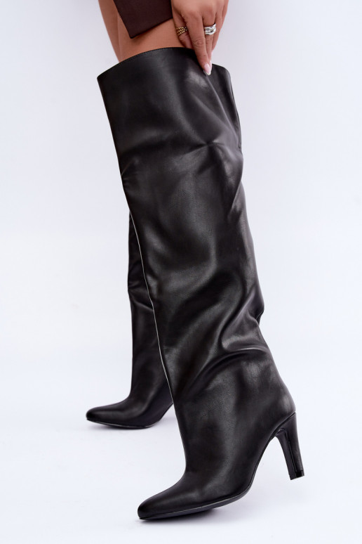 Bottes hautes à enfiler pour femmes avec talons pointus au-dessus du genou en noir Emorine
