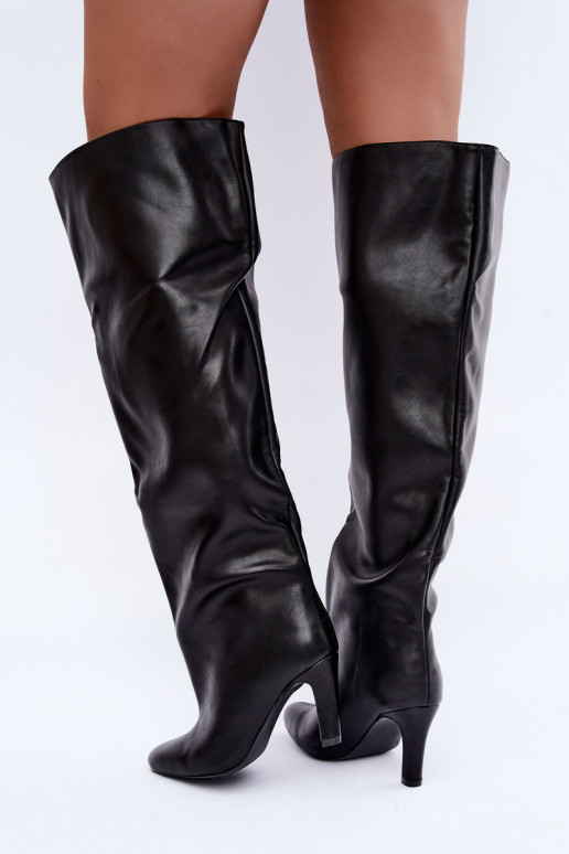 Bottes hautes à enfiler pour femmes avec talons pointus au-dessus du genou en noir Emorine