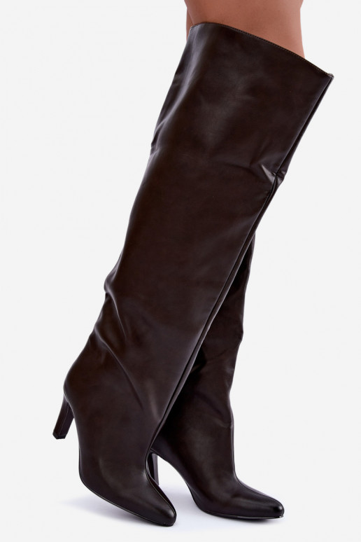 Slip-On Damen Stiefel mit spitzen Absätzen über dem Knie in Schokolade Emorine