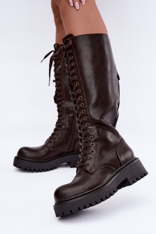 Bottes chaudes pour femmes avec plateforme et lacets en chocolat Kasmina