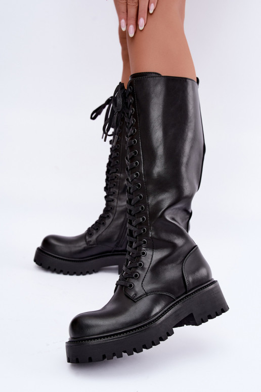 Bottes chaudes pour femmes avec plateforme et lacets en noir Kasmina