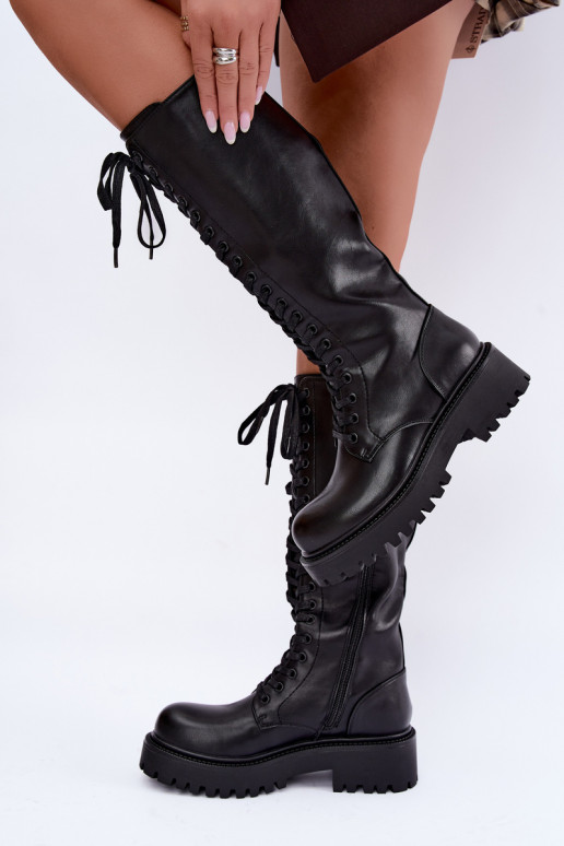 Wärmende Damen Stiefel mit Plattform und Schnürsenkeln in Schwarz Kasmina