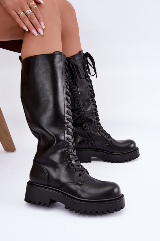 Wärmende Damen Stiefel mit Plattform und Schnürsenkeln in Schwarz Kasmina