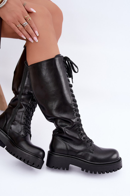 Bottes chaudes pour femmes avec plateforme et lacets en noir Kasmina