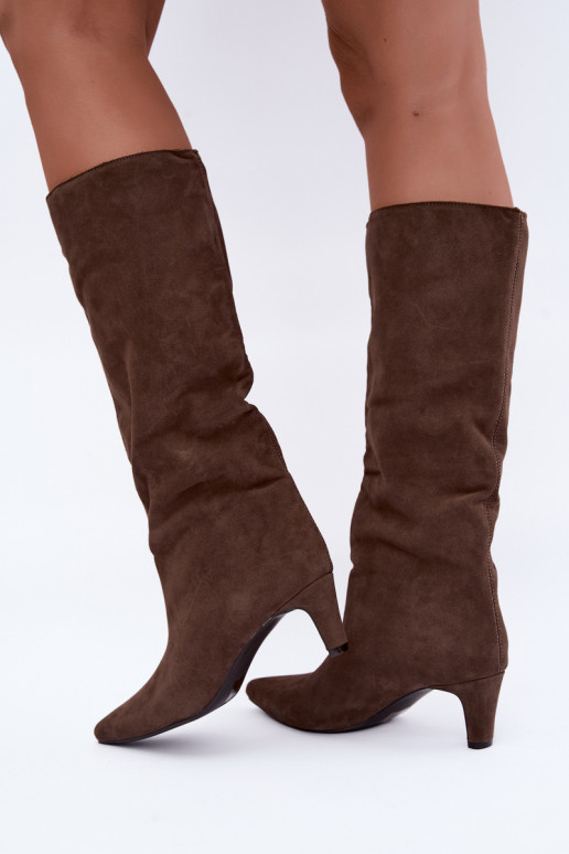 Chaki enkellaarsjes van faux suede met hakken Pamelisse