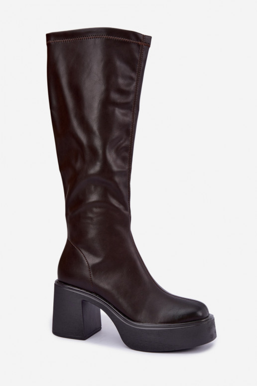 Bottes hautes pour femmes avec plateforme et talons en cuir synthétique couleur chocolat Nesalie