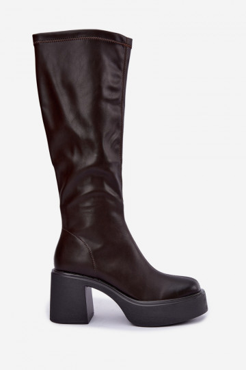 Bottes hautes pour femmes avec plateforme et talons en cuir synthétique couleur chocolat Nesalie 2