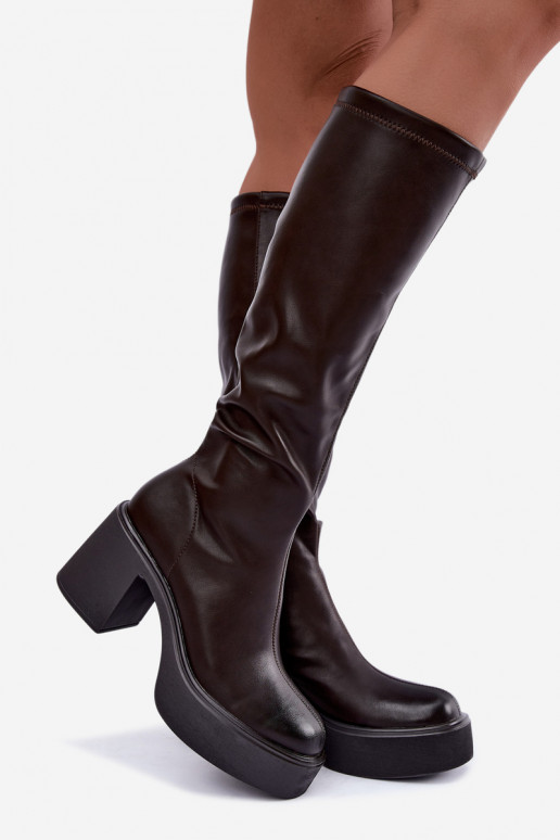 Bottes hautes pour femmes avec plateforme et talons en cuir synthétique couleur chocolat Nesalie