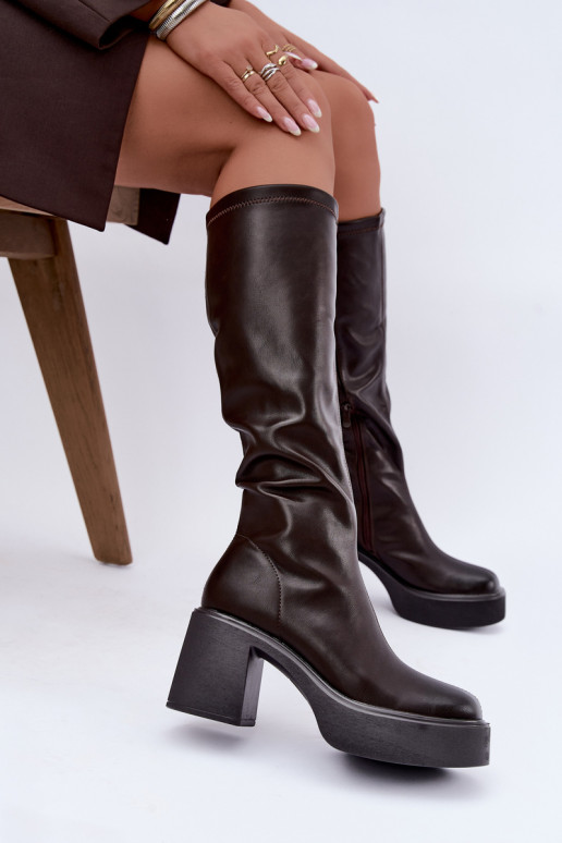 Bottes hautes pour femmes avec plateforme et talons en cuir synthétique couleur chocolat Nesalie